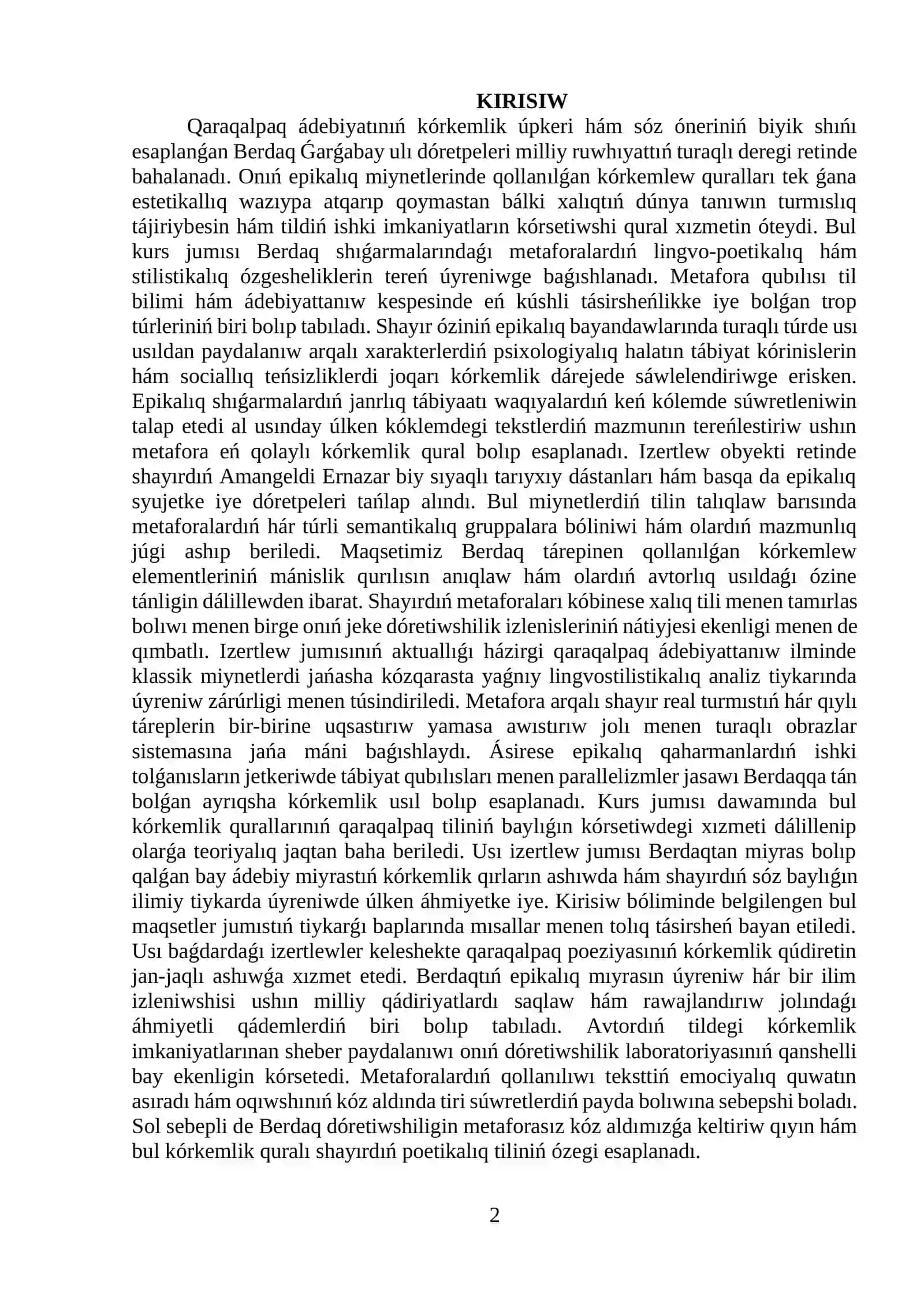 BERDAQTIŃ EPIKALIQ SHIǴARMALARINDA METAFORALARDIŃ QOLLANILIW ÓZGESHELIKLERI 2