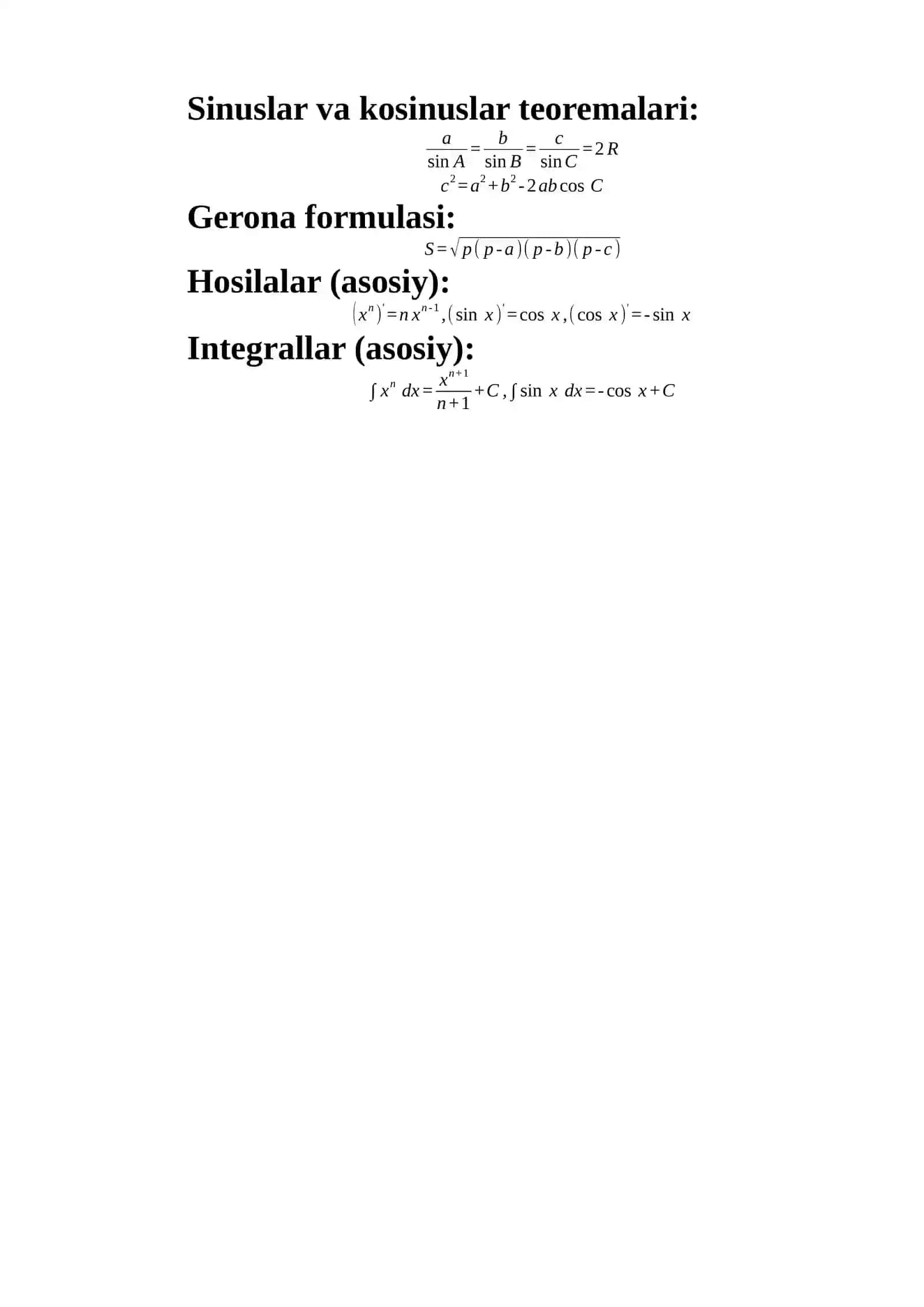 DTM / Milliy Sertifikatda eng ko‘p ishlatiladigan formulalar 2