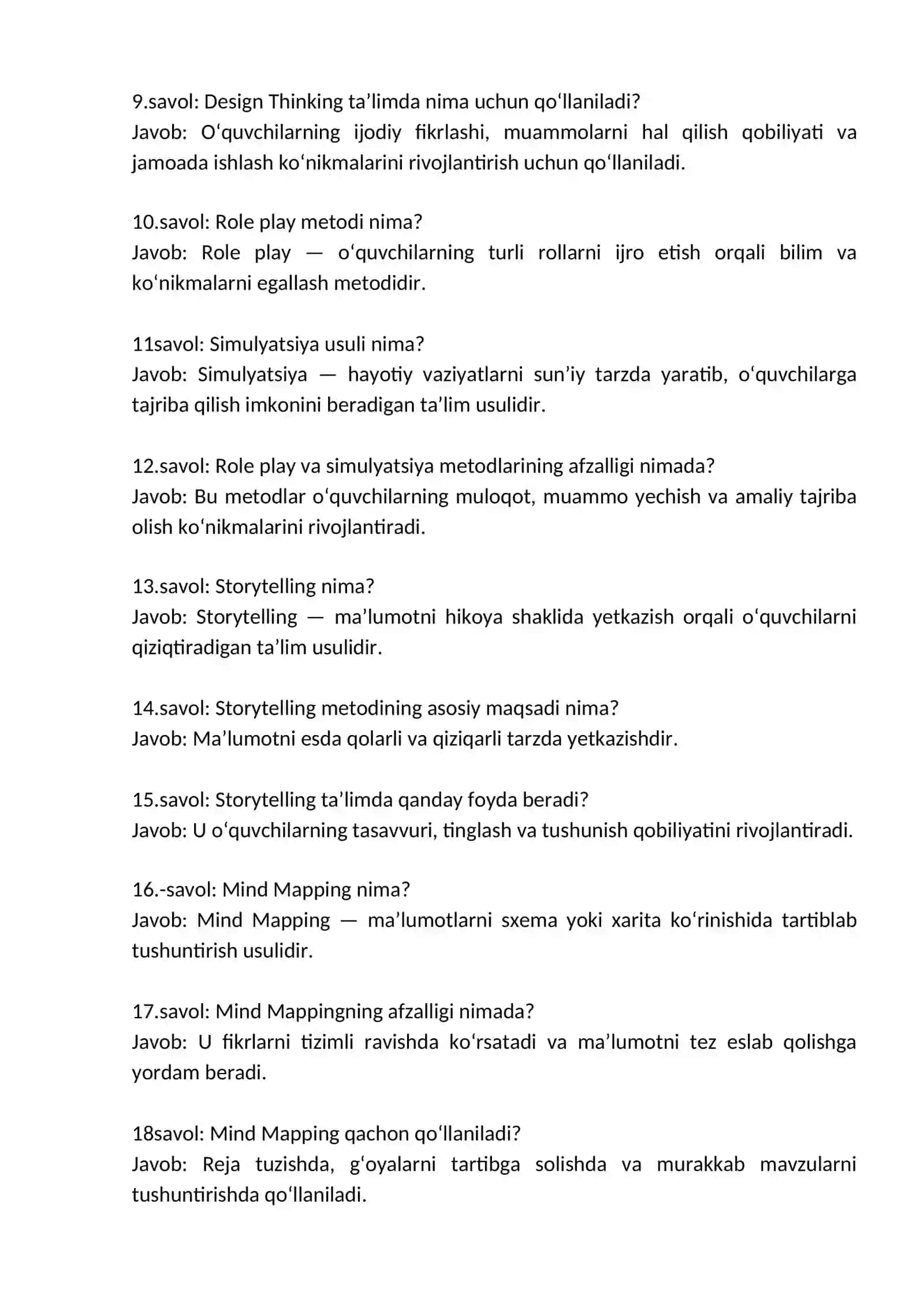 Brainstorming usuli, Gamification texnologiyasi, Design thinking, Storytelling, Role play va simulyatsiya, Mind mapping 2