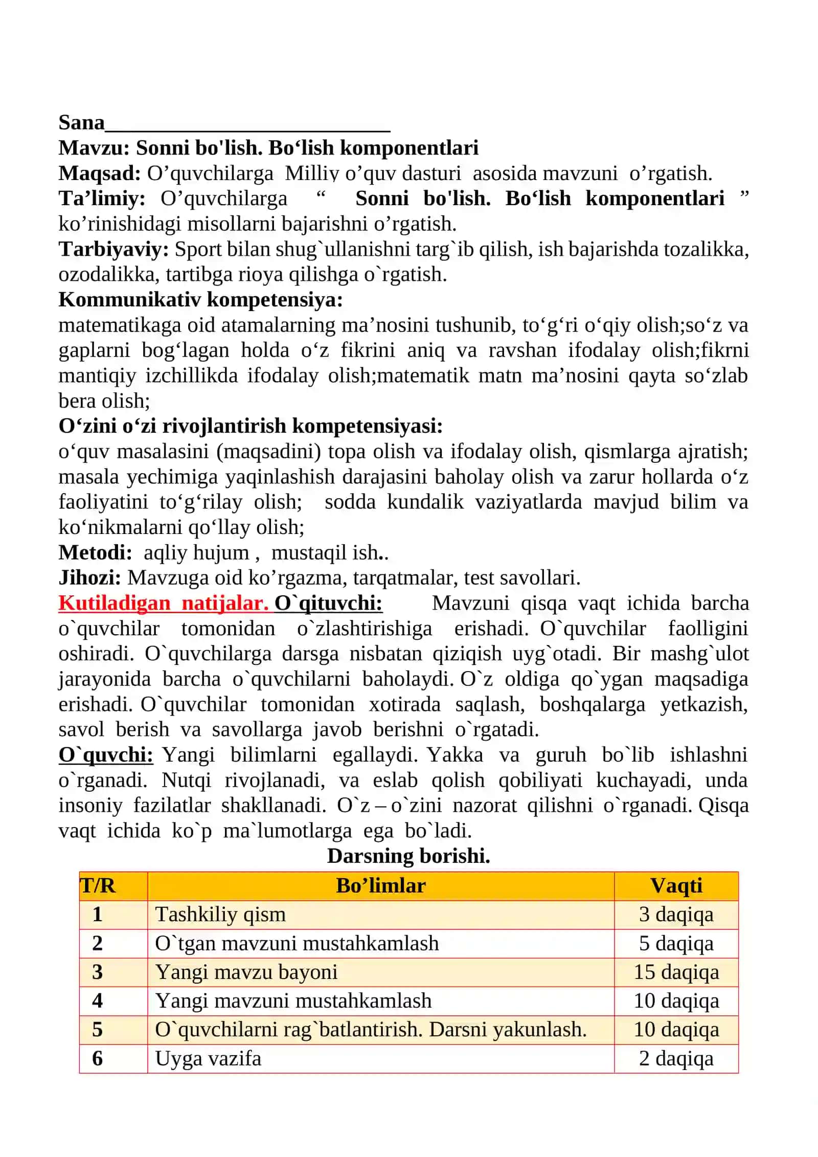 Sonni bo'lish. Bo‘lish komponentlari mavzusida 2-sinf matematika fanidan dars ishlanmasi 2