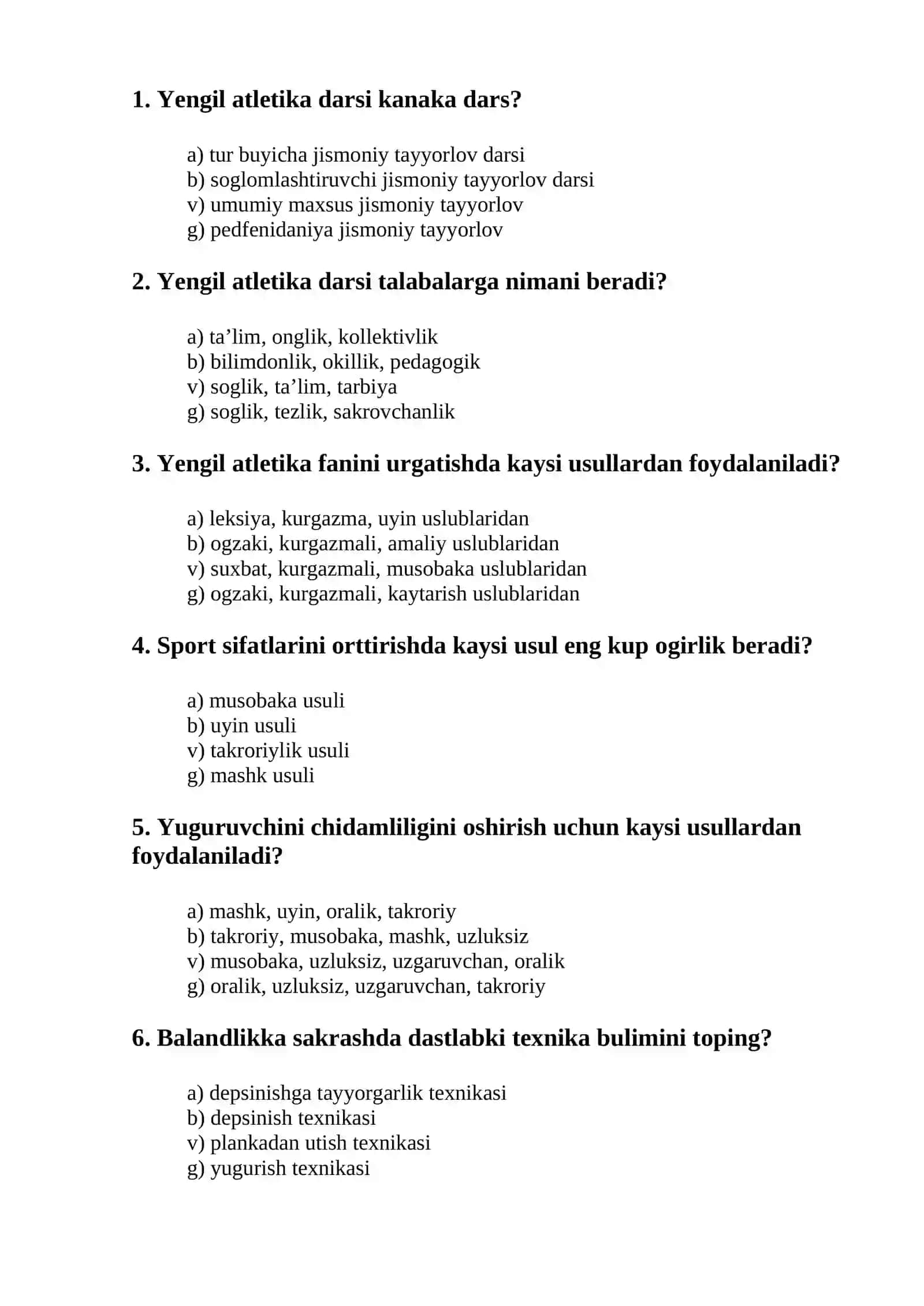 Yengil atletika fanidan oraliq test Savollari varianti 2