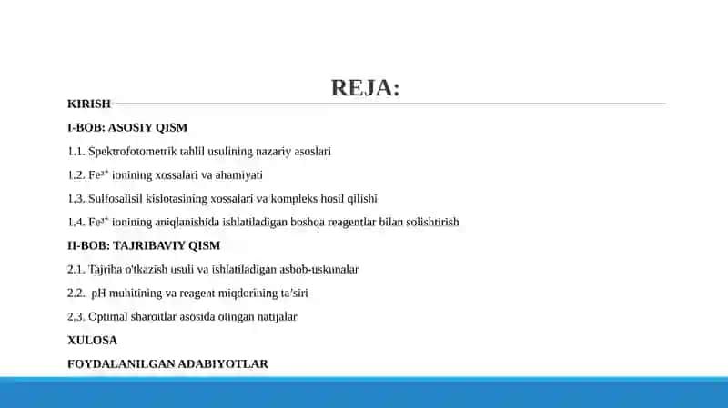 Fe ³⁺ ionini sulfosalisil kislotasi bilan spektrofotometrik usulda aniqlashning optimal sharoitlarini o'rganish 2