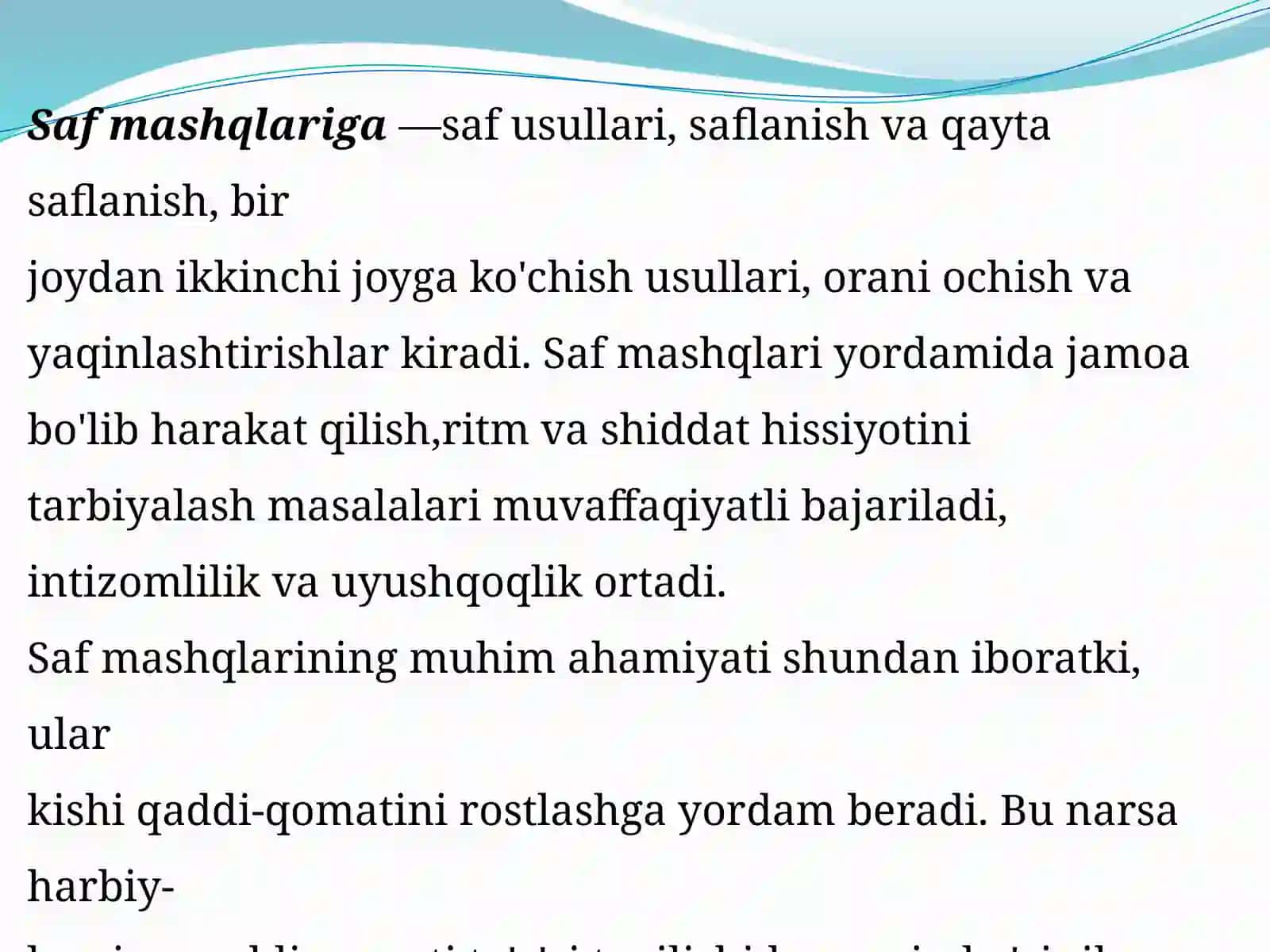 Safmashqlar va umumiy rivojlantiruvchi mashqlarni o‘tkazish metodikasi 2