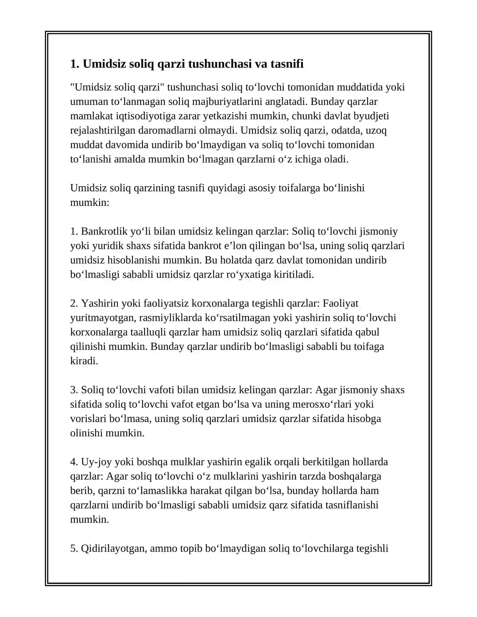 UMIDSIZ SOLIQ QARZI VA UNI HISOBDAN CHIQARISH TARTIBI 2