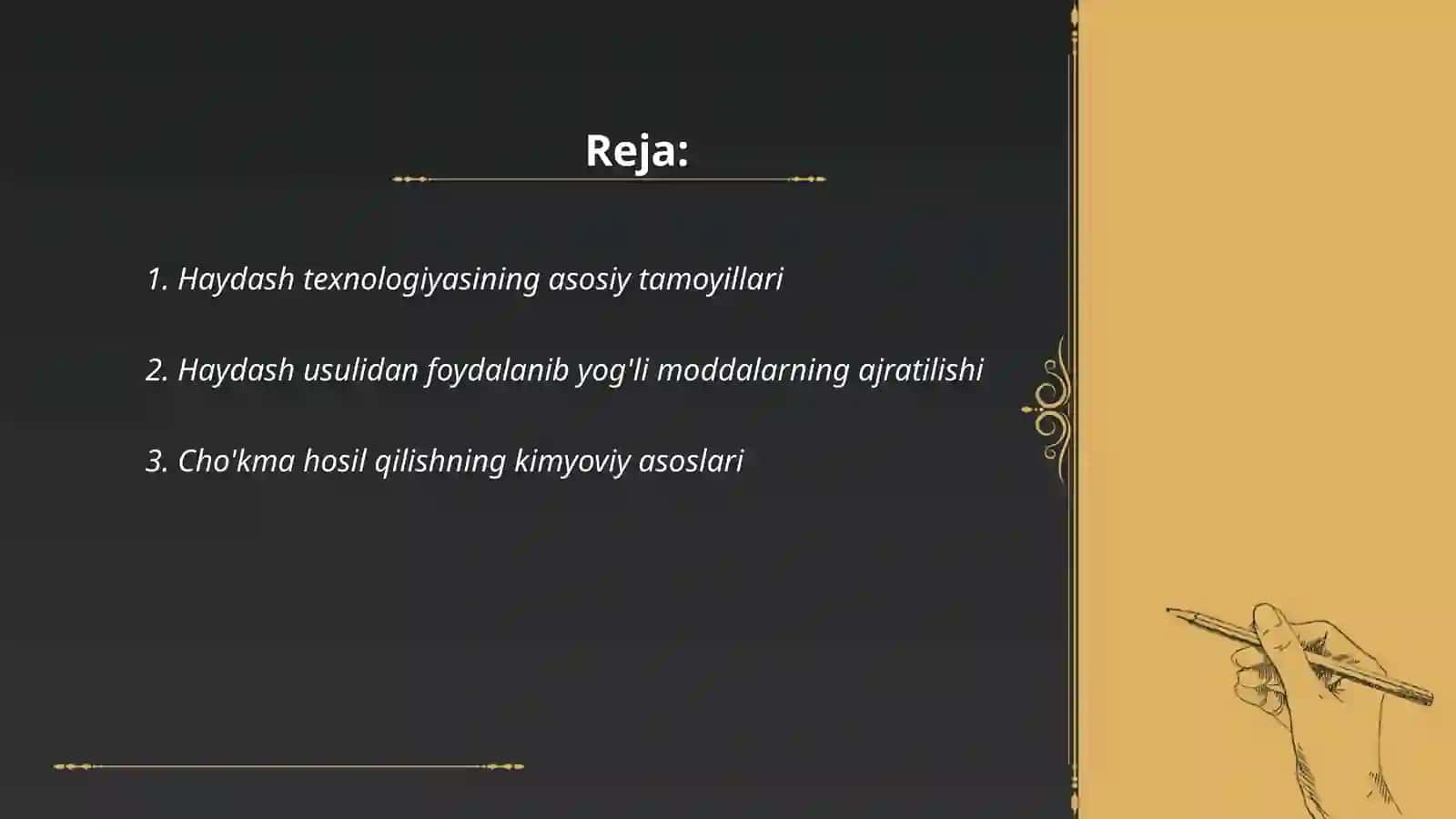 Haydash, cho'kma hosil qilish, ekstraksiya, xromatografiya ajratish usullarini texnologiyada qo'llanilishi 2