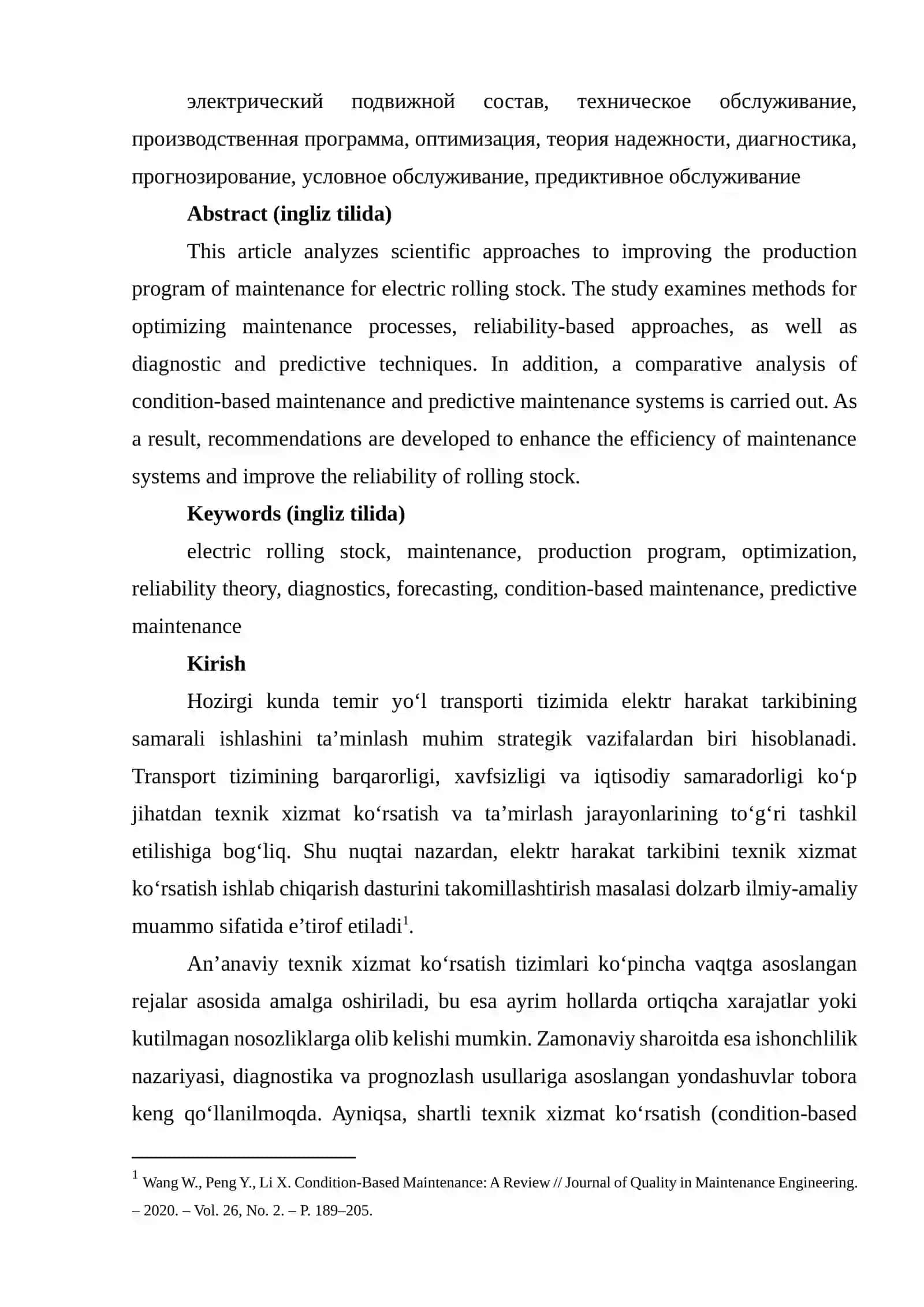 Elektr harakat tarkibini texnik xizmat ko‘rsatish ishlab chiqarish dasturini takomillashtirish bo‘yicha ilmiy yondashuvlarni tahlil qilish 2