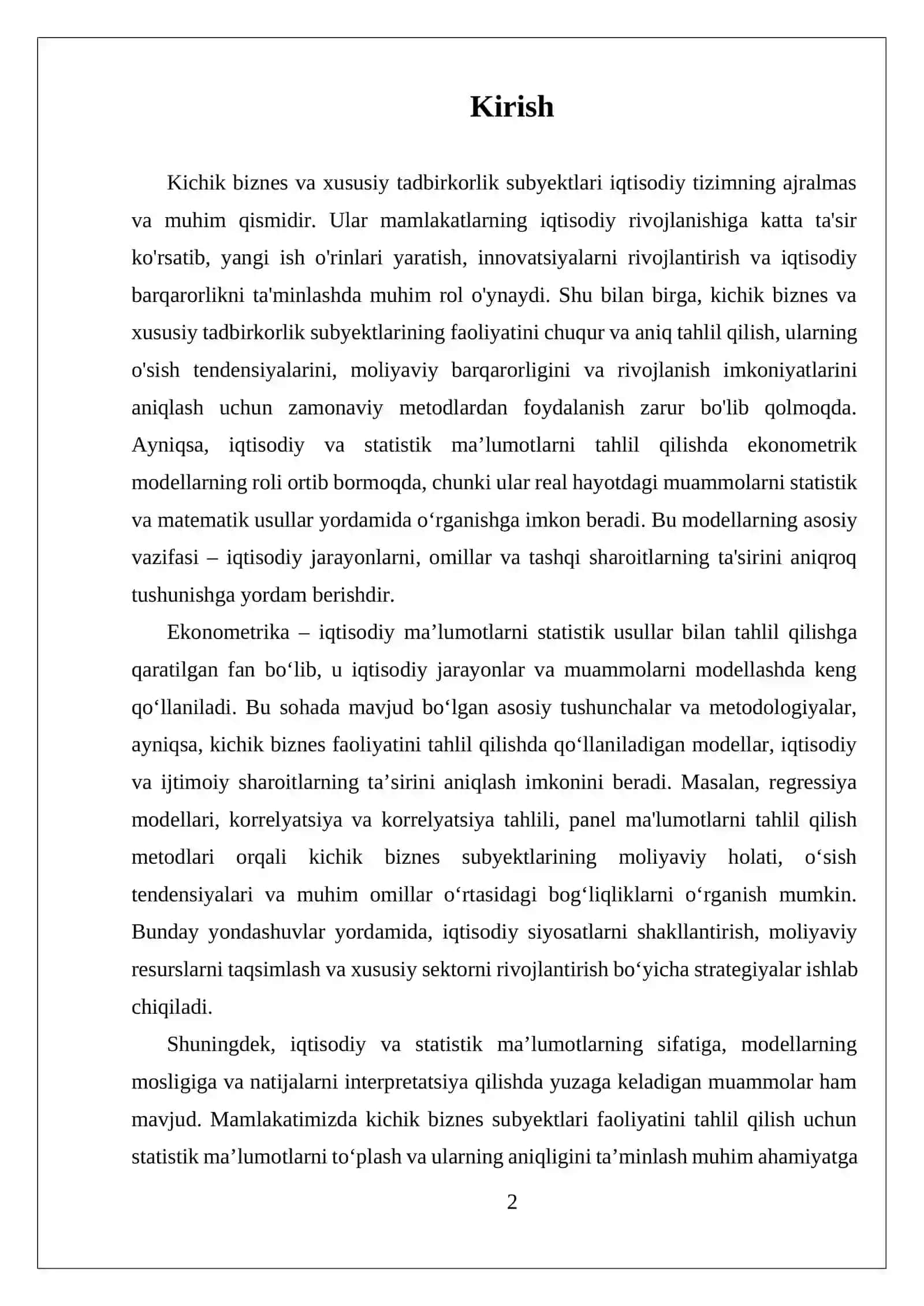 KICHIK BIZNES VA XUSUSIY TADBIRKORLIK SUBYEKTLARI FAOLIYATINI TAHLIL QILISHDA EKONOMETRIK MODELLARIDAN FOYDALANISH 2