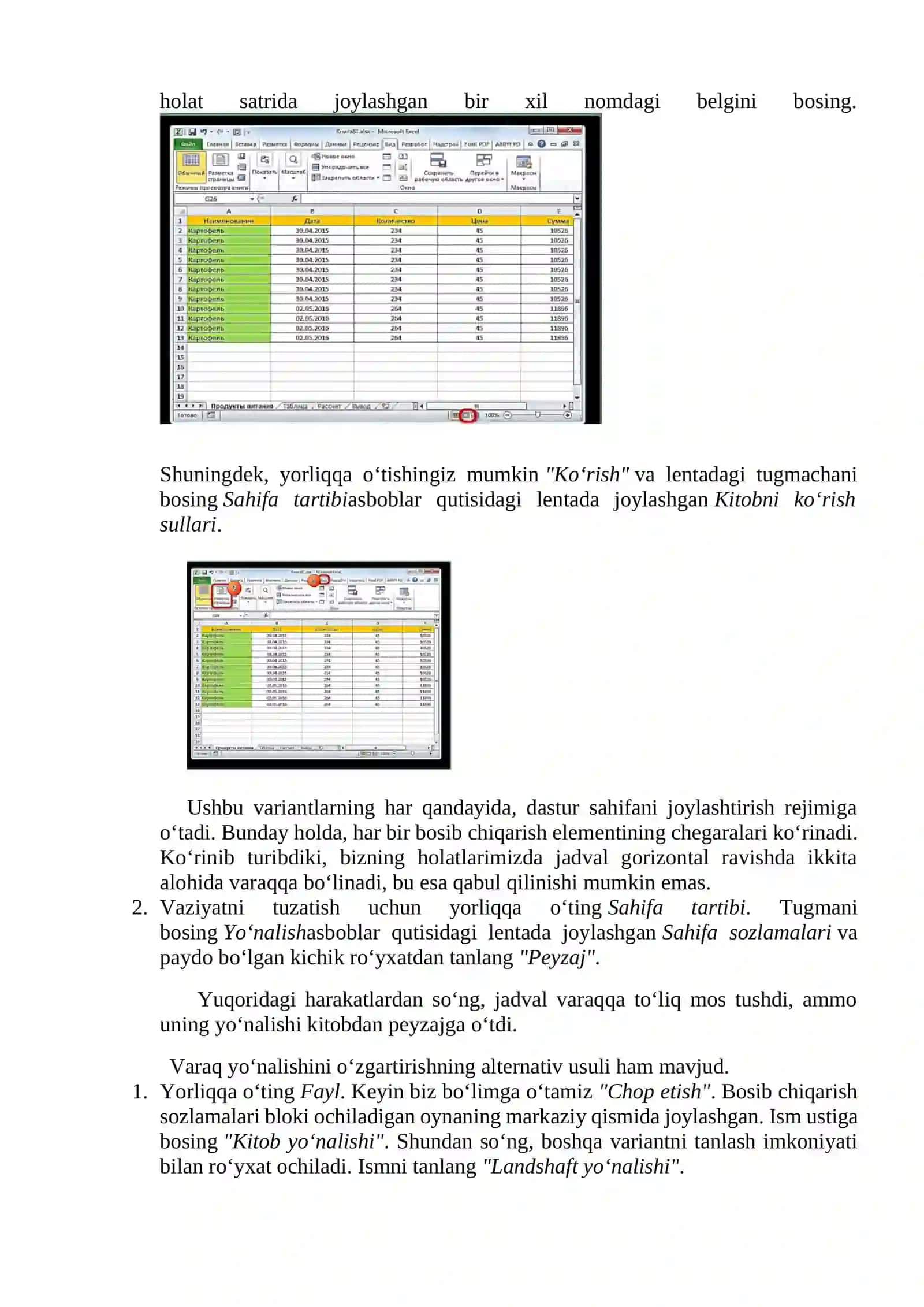 Microsoft Excel dasturida jadval ma’lumotlarni chop etishga tayyorlash va chop etish 2