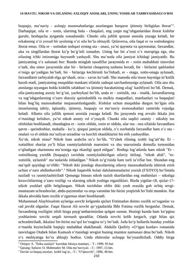 NIKOH VA OILANING AXLOQIY ASOSLARI, UNING YOSHLAR TARBIYASIDAGI O‘RNI 2
