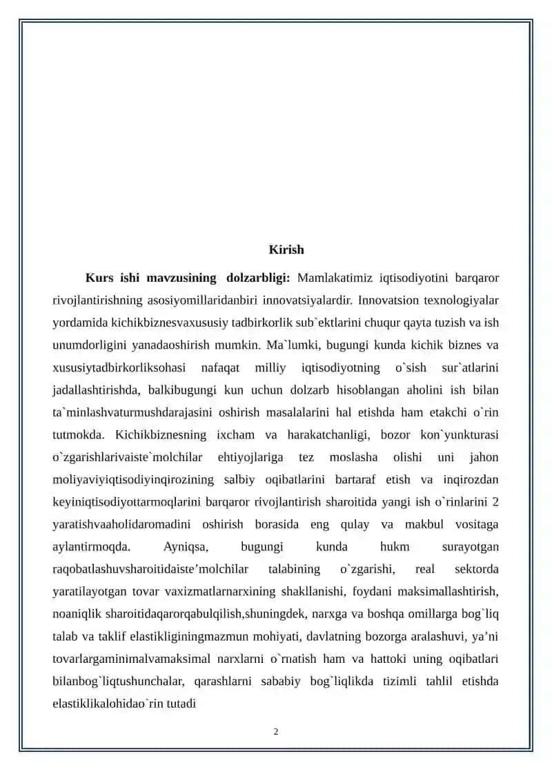 O’zbekiston Respublikasi kichik biznesni rivojlantirishning asosiy yo’nalishlari 2