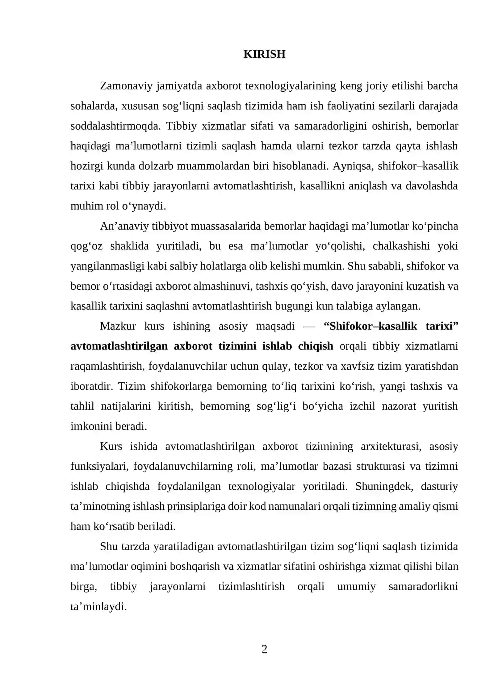 SHIFOKOR-KASALLIK TARIXI AVTOMATLASHTIRILGAN AXBOROT TIZIMINI LOYIHALASH 2