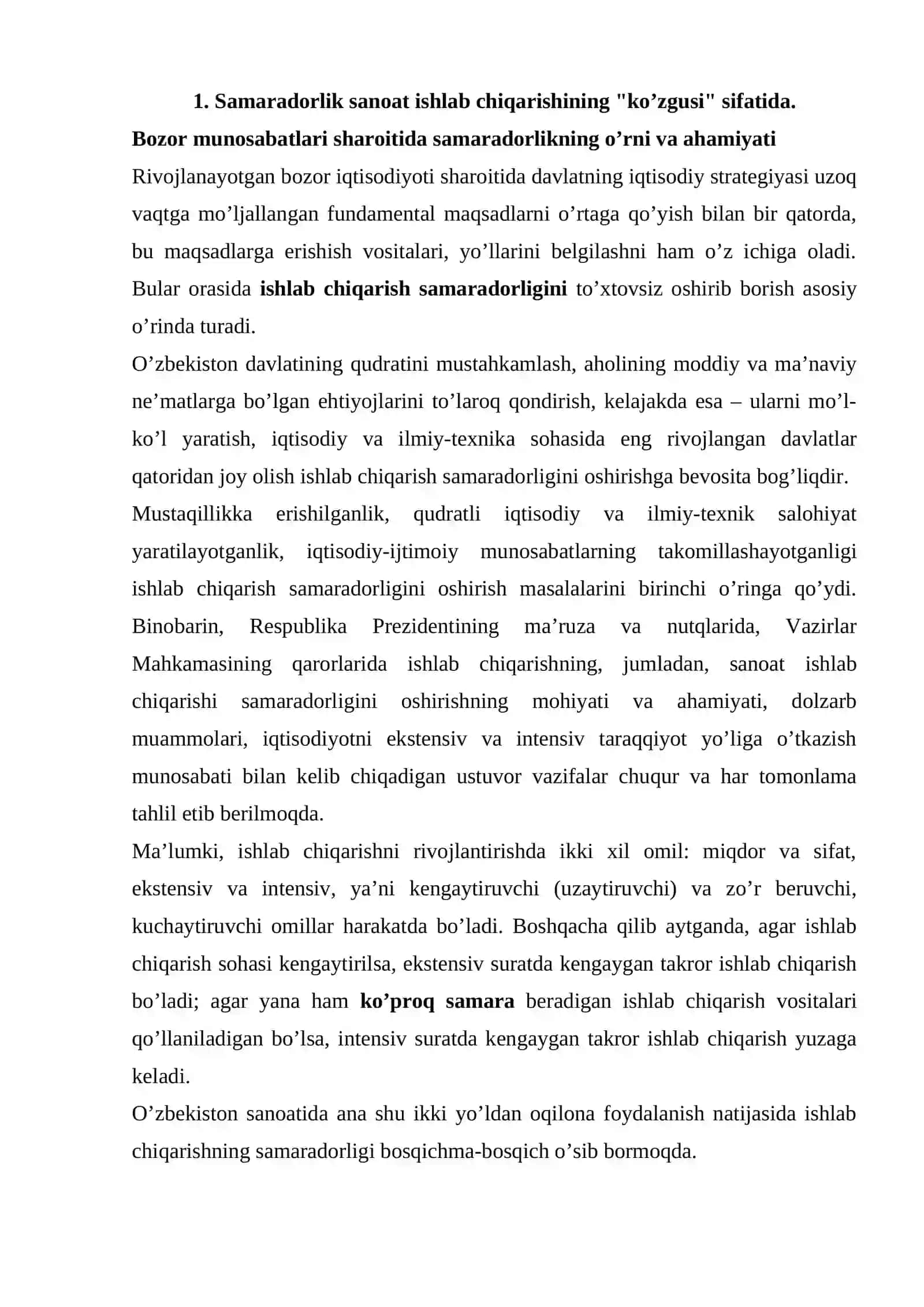 Samaradorlik sanoat ishlab chiqarishining "ko’zgusi" sifatida 2