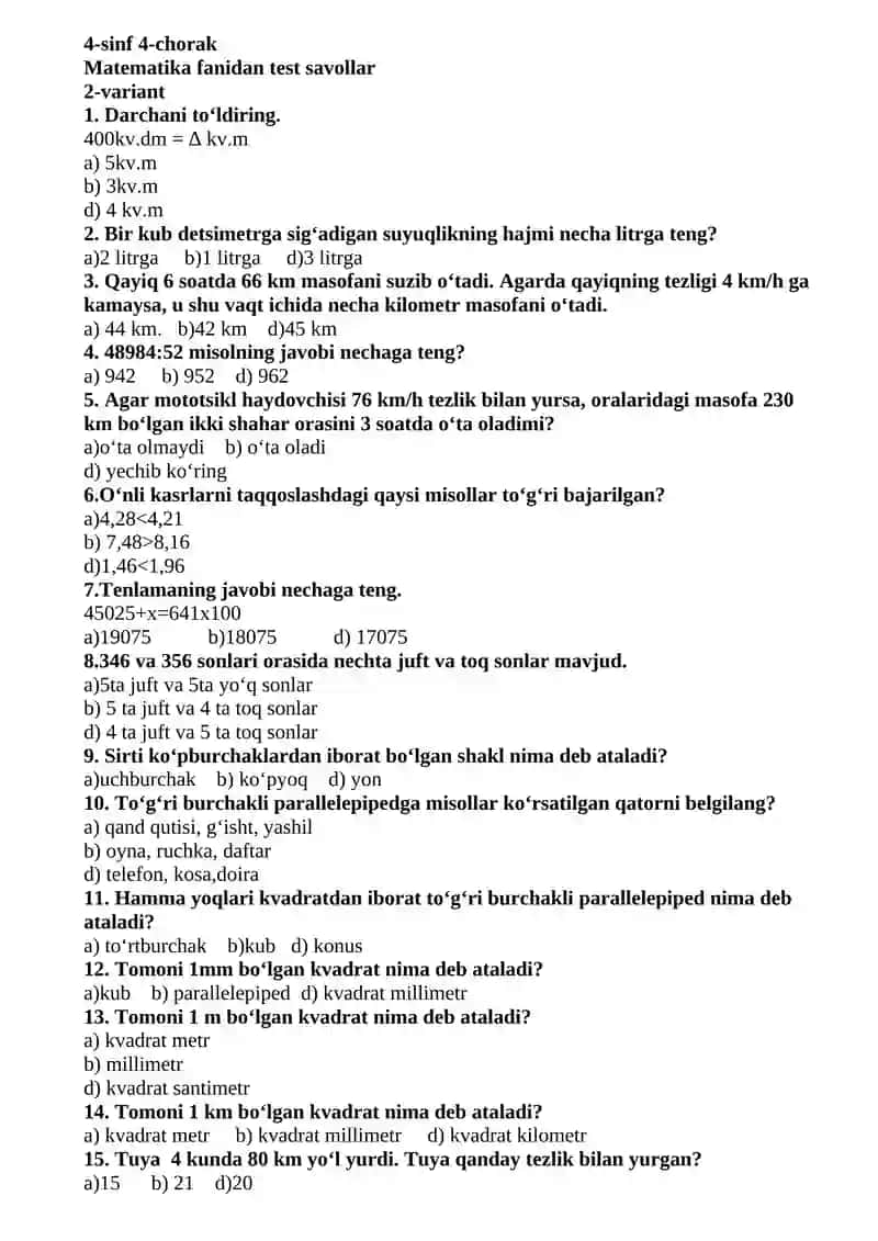 4-sinf 4-chorak Matematika fanidan test savollar 2
