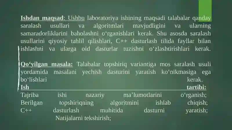 Saralash masalasini formal qo‘yilishi. Saralashning qat’iy va yashilangan usullari 2