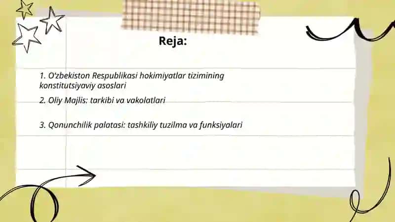 Oʻzbekiston respublikasida hokimiyatlar tizimi(qonun chiqaruvchi,ijro etuvchi va sud hokimiyati). 2