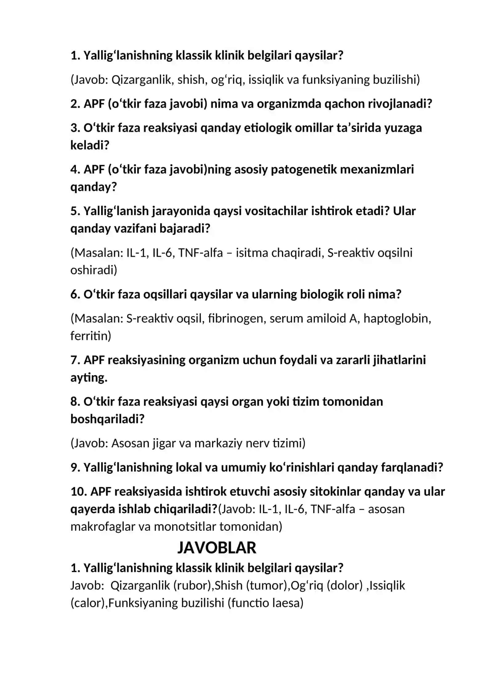 Yallig'lanishning klinik ko'rinishlari. APFning o'tkir faza javobi,etiologiyasi va patogenezi haqida tushuncha. O'tkir faza reaksiyasining vositachilari, turlari, ahamiyati 2