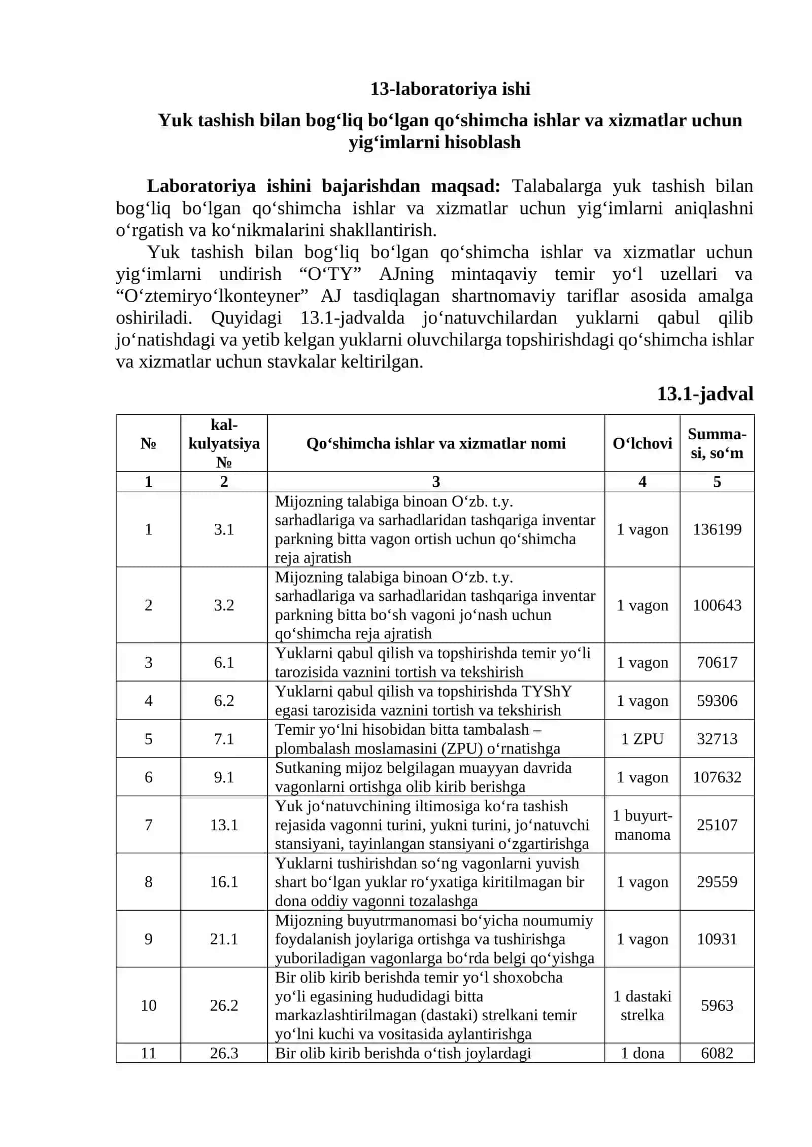 Yuk tashish bilan bog‘liq bo‘lgan qo‘shimcha ishlar va xizmatlar uchun yig‘imlarni hisoblash 2