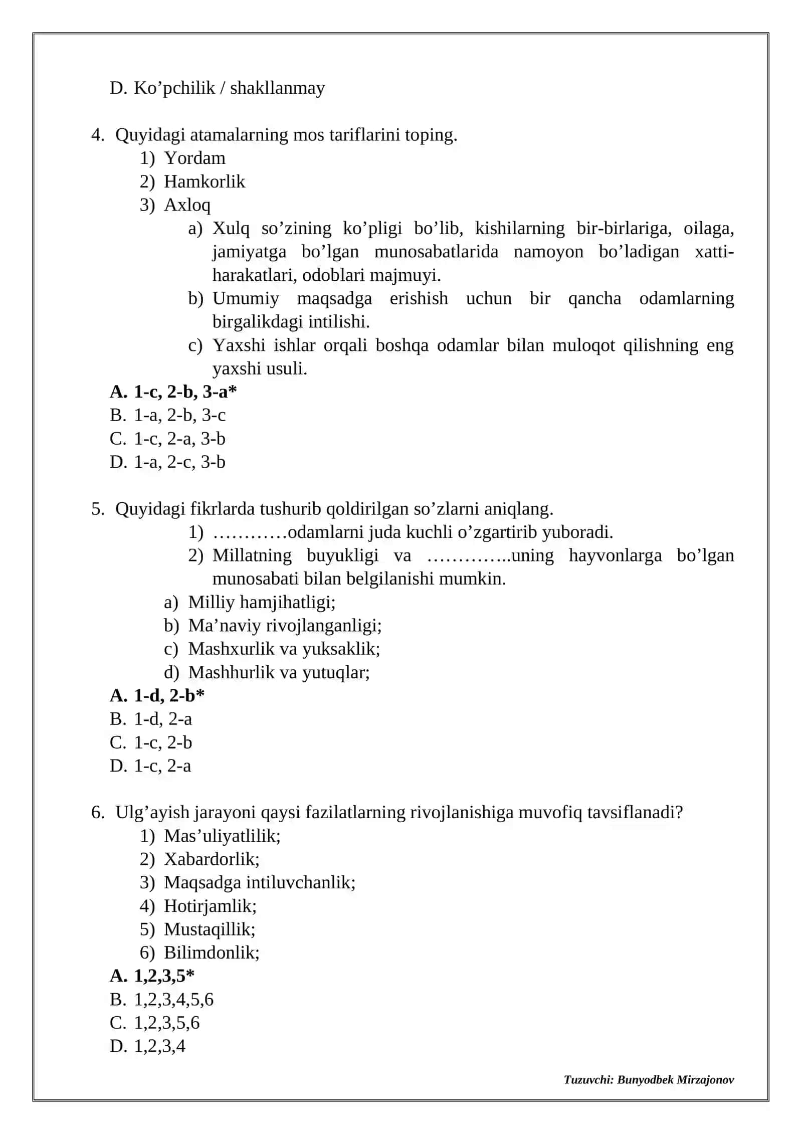 5-sinf “Tarbiya” fanidan test 2