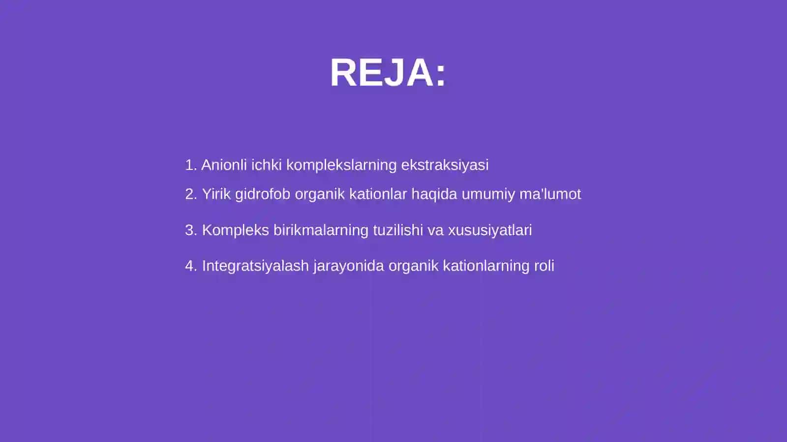Anionli ichki kompleks birikmalarni ekstraksiyalashda yirik gidrofob organik kationlarning qoʻllanilishi 2