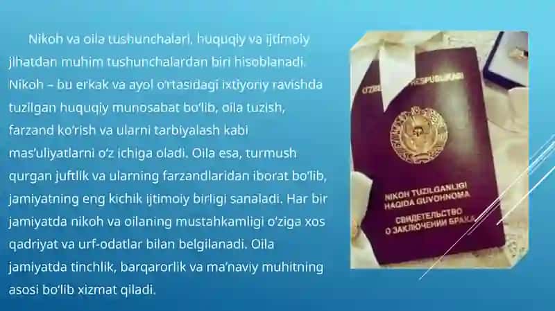 Nikoh va oila tushunchalari. Nikoh va oila munosabatlarining inson tarbiyasidagi hamda jamiyat taraqqiyotidagi òrni 2