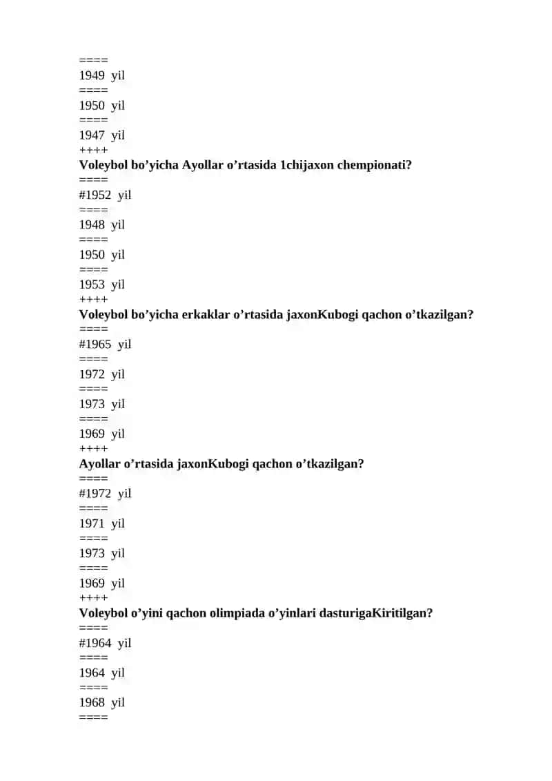 Voleybol bo’yicha qizlarning chempionati qachon o’tkazilgan? 2