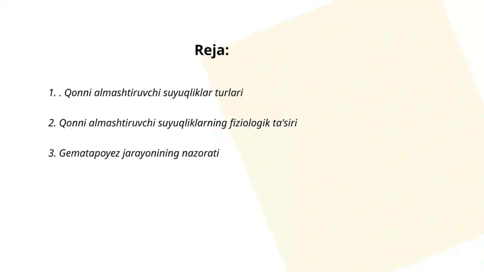 Qon oʻrnini bosadigan suyuqliklar. Gematapoyezdning tartibga solinishi. Limfa fiziologiyasi. Qon ombori 2
