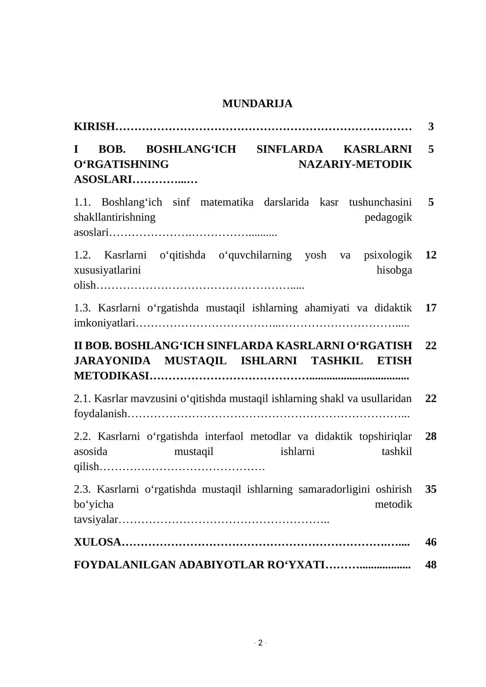 Boshlang‘ich sinflarda kasrlarni o‘rgatish jarayonida mustaqil ishlarni tashkil etish metodikasi 2