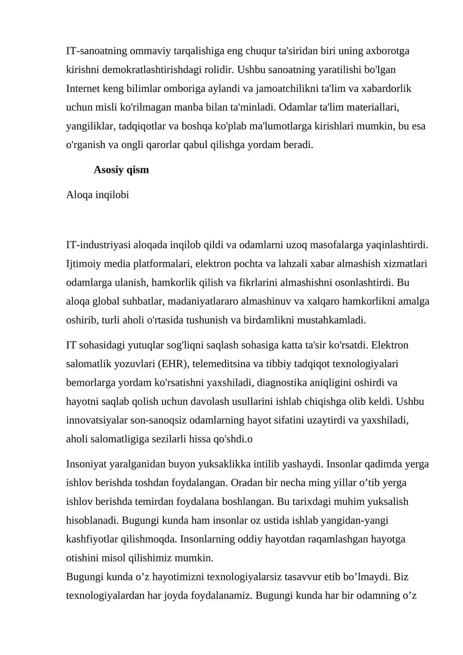 IT sohasining insaniyat taraqqiyoti y`lidagi o`rni 2