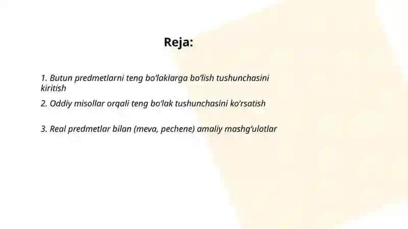 Butun predmetlarni teng boʻlaklarga boʻlishga oʻrgatish 2