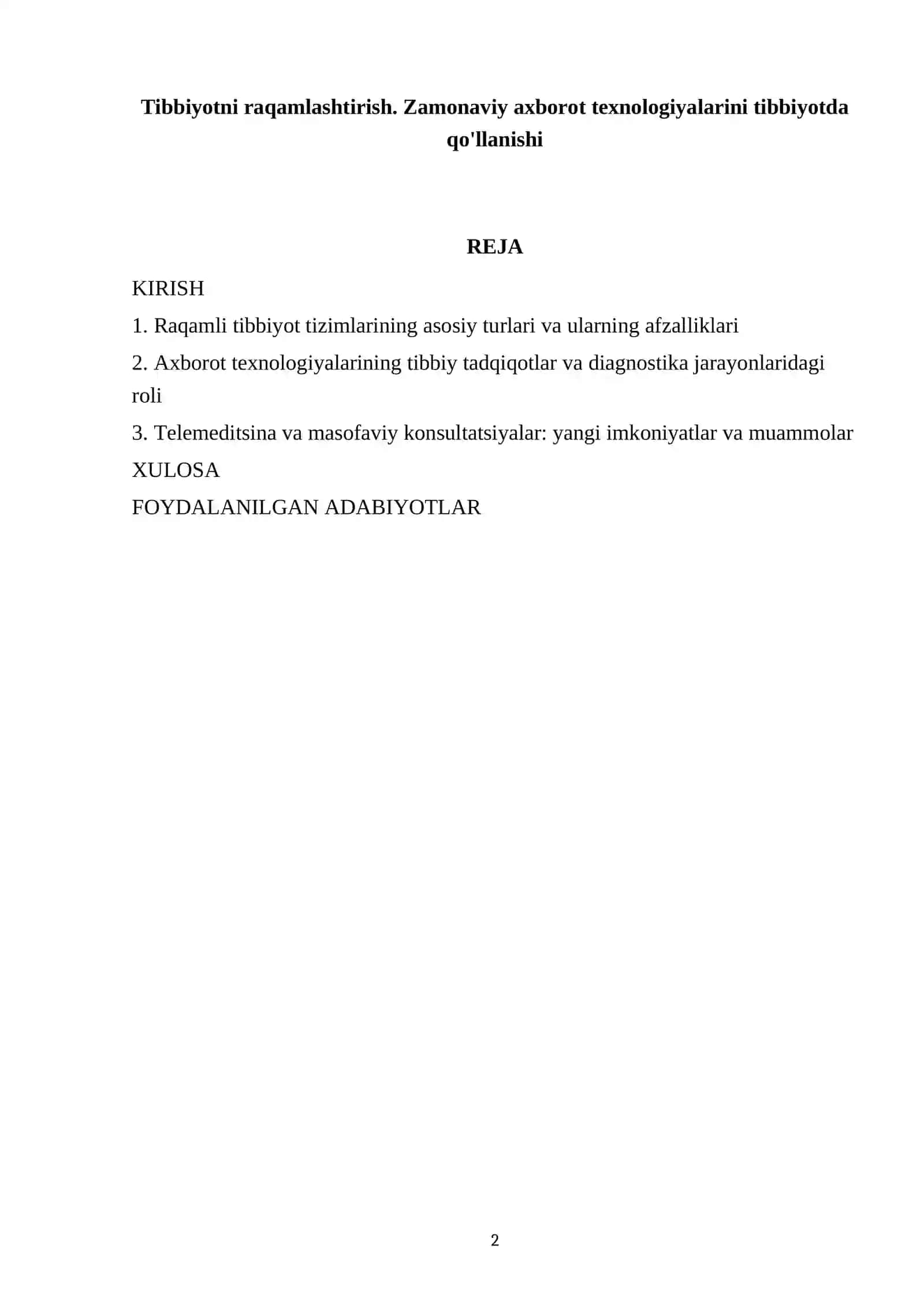 Tibbiyotni raqamlashtirish. Zamonaviy axborot texnologiyalarini tibbiyotda qo'llanishi 2