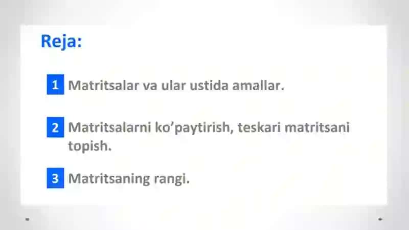 Matritsalarning ustida amallar bajarish mavzusini o'qitish metodikasi 2