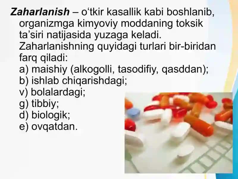 Zaharlanishda birinchi tibbiy yordam Захарланишда биринчи тиббий ёрдам 2