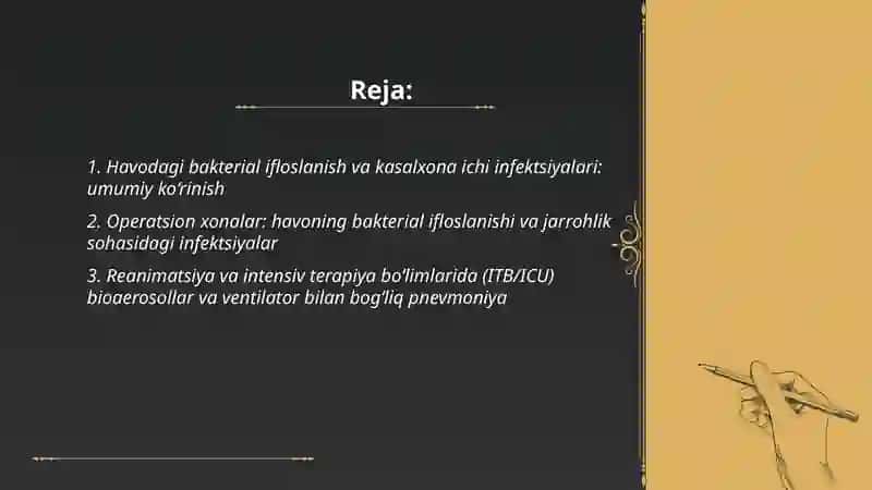 Kasalxona ichi infeksiyalarini kelib chiqishi uchun havoning bakterial ifloslanganligini ahamiyati 2