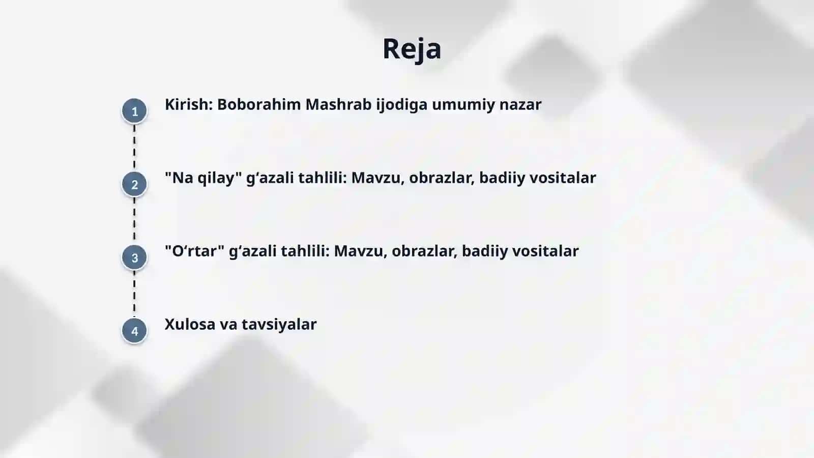 Boborahim Mashrabning "Na qilay" va "Oʻrtar" gʻazallari tahlili mavzusida yozilgan mikrodars ishi uchun 2