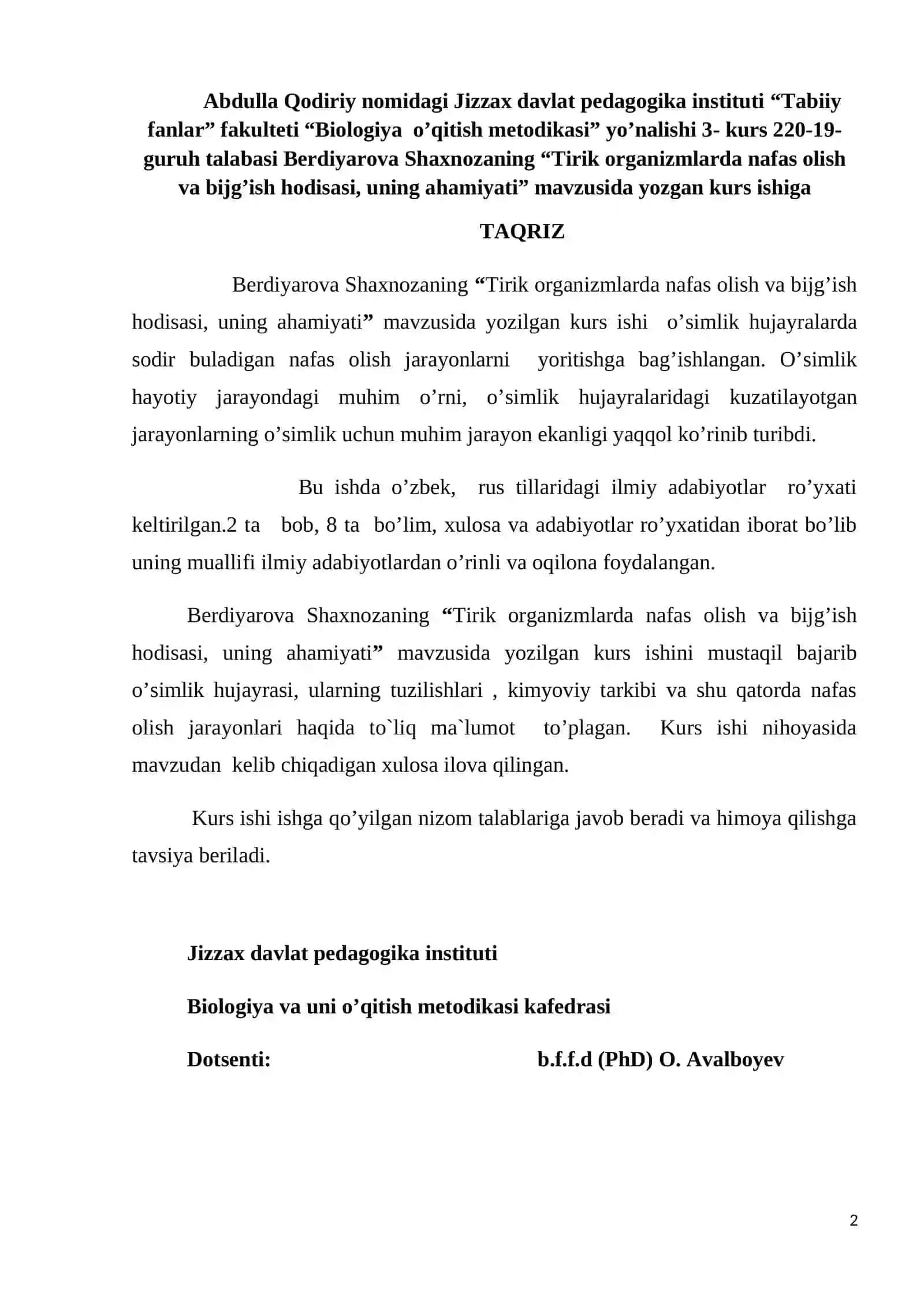 Tirik organizmlarda nafas olish va bijg’ish hodisasi, uning ahamiyati kurs ishi 2