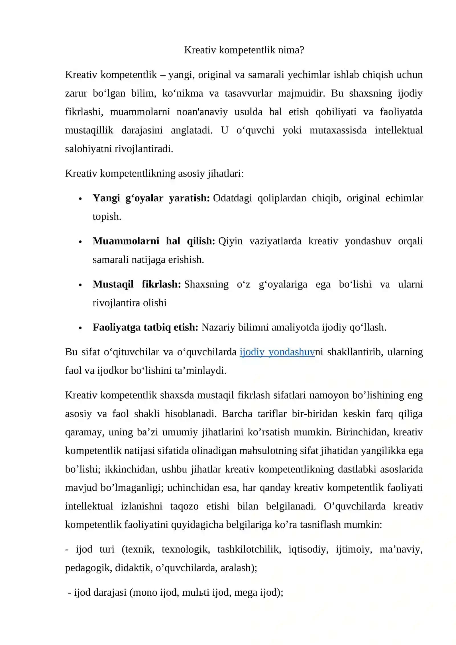O’qituvchining kreativ kompetensiyasini shakllantirishning modeli 2