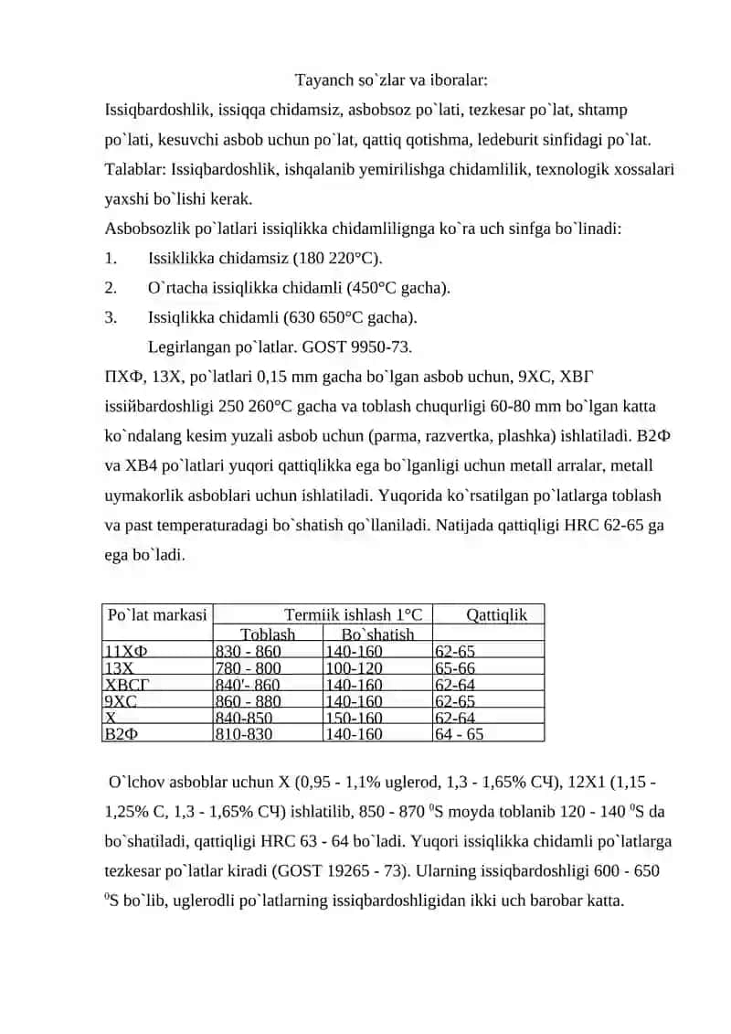 Asbobsozlik uchun po`latlar va qotishmalar 2