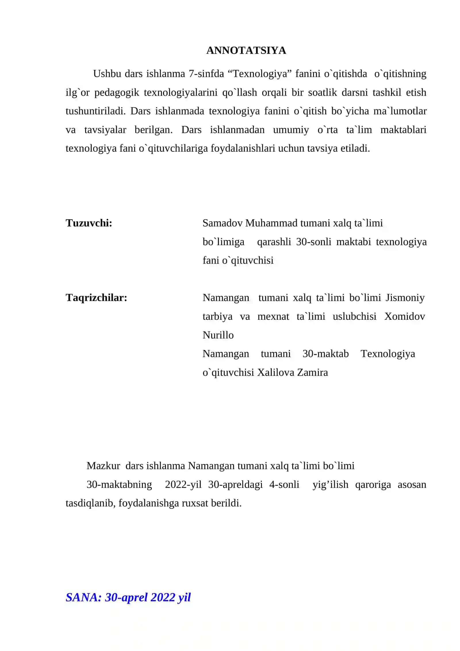 7-sinf Texnologiya fanidan Yog'ochdan uy-ro'zg'or buyumlarini tayyorlash ochiq dars ishlanma 2