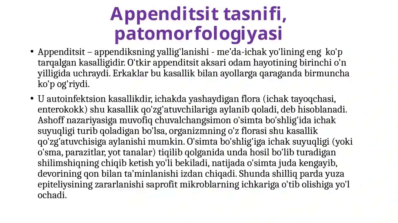Appenditsit Xususiyatlari, Tasnifi, Patomorfologiyasi 2