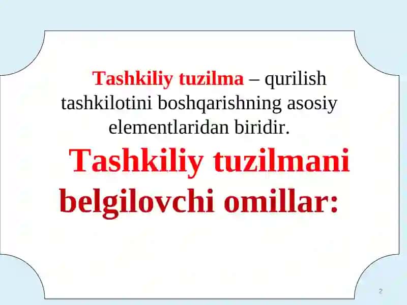 Qurilish Ishlab Chiqarishini Boshqarishning Tashkiliy Strukturasi 2