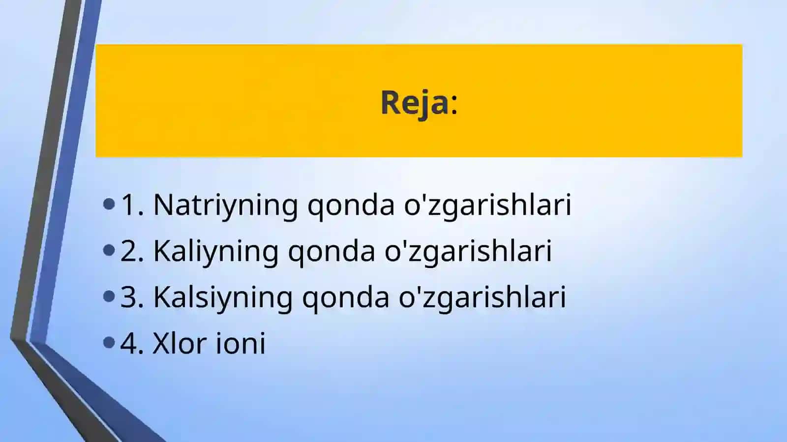 Suv va elektrolitlar buzilishi uchun biokimyoviy qon testining natijalari 2