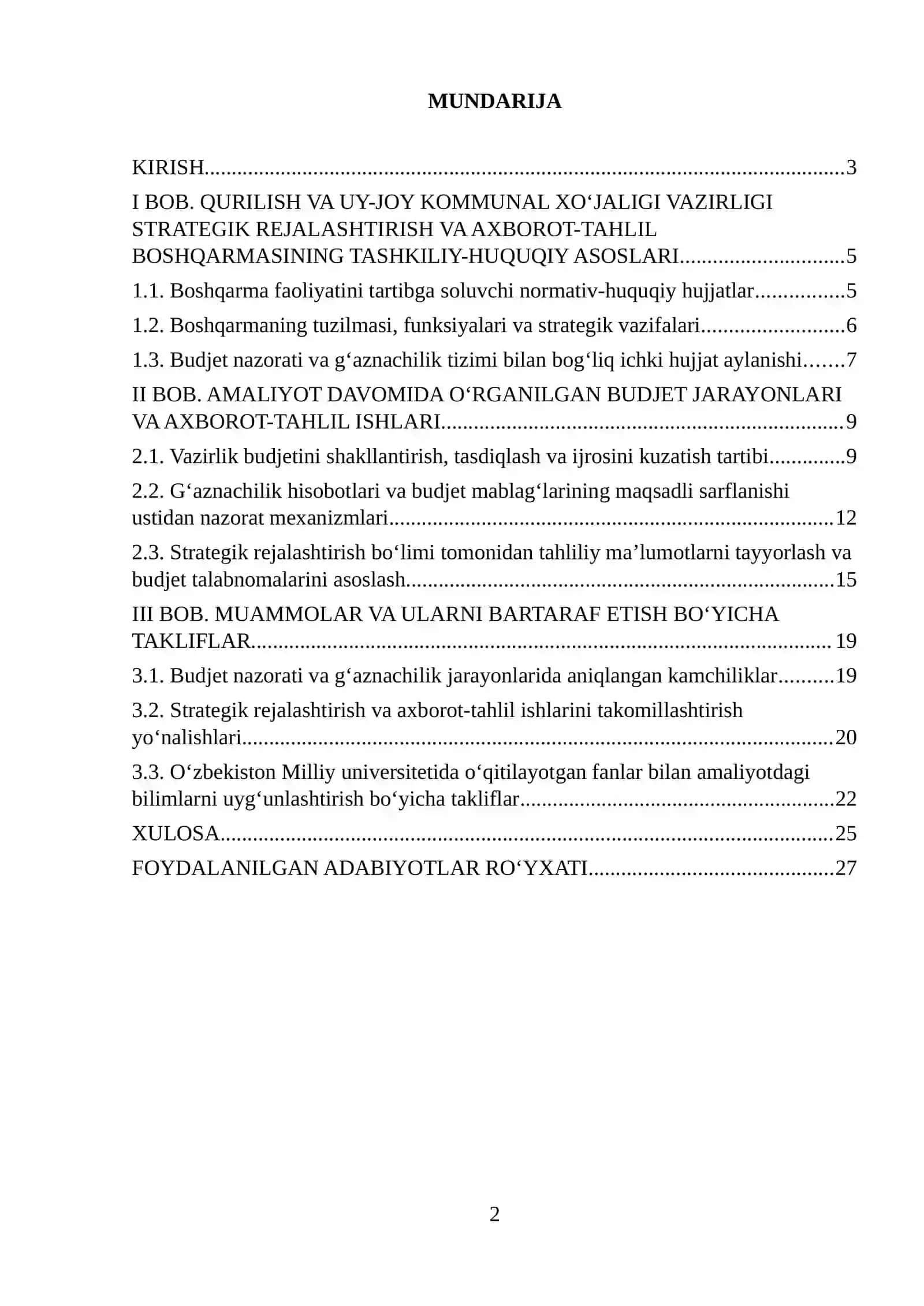 “QURILISH VA UY-JOY KOMMUNAL XO'JALIGI VAZIRLIGI” DAGI AMALIYOT HISOBOTI. 2