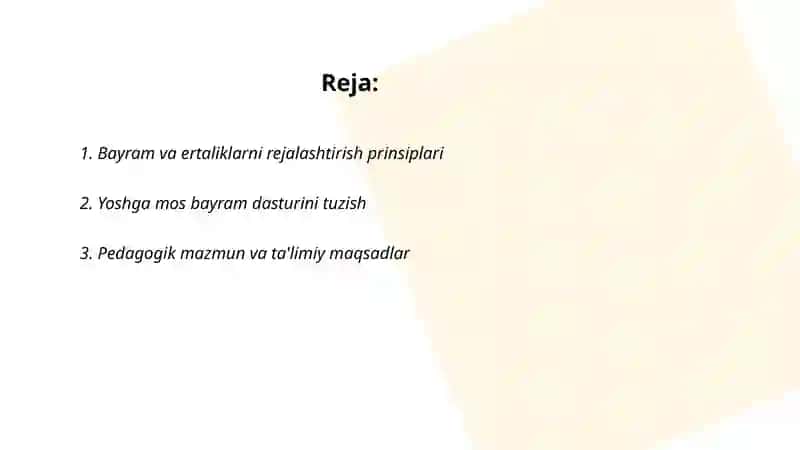 Maktabgacha ta'lim tashkilotida bayram va ertaliklarni tashkil qilish va o'tkazish 2