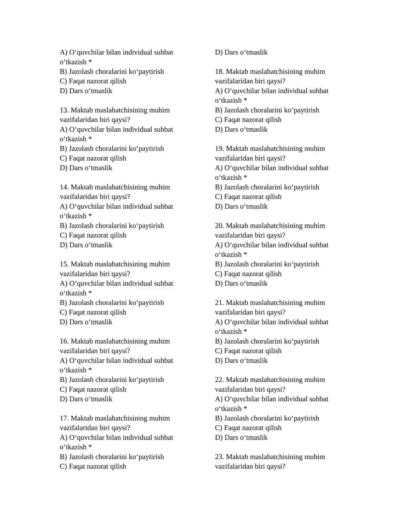 Maktab maslahatchisi lavozimi uchun test (100 ta) 2-qism 2