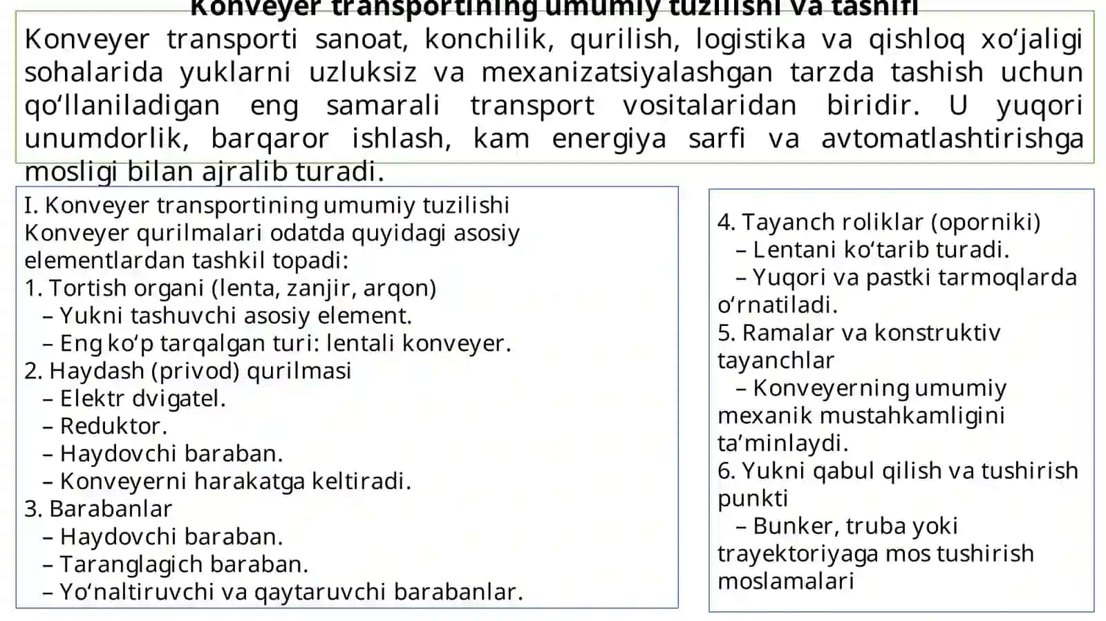 Konveyer transportining loyihasi va parametrlari 2