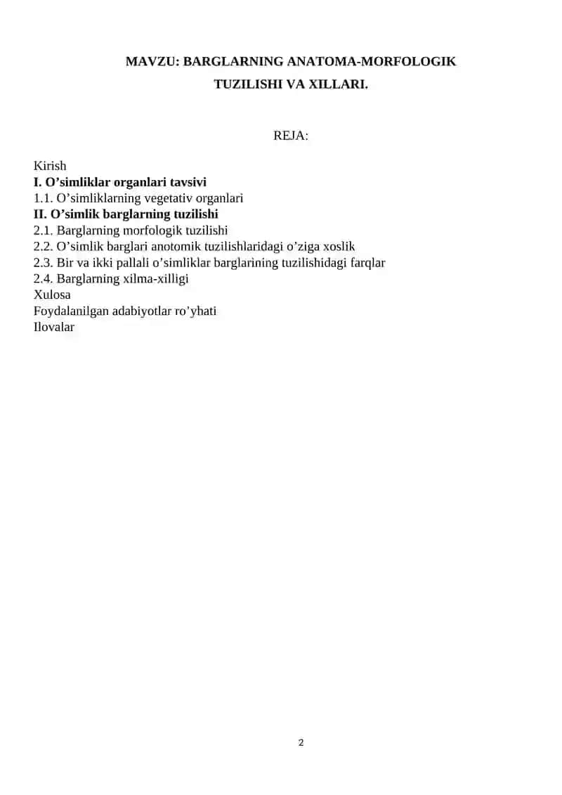 BARGLARNING ANATOMA-MORFOLOGIK TUZILISHI VA XILLARI KURS ISHI 2