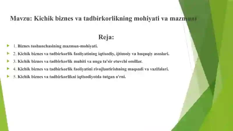 Kichik biznes va tadbirkorlikning mohiyati va mazmuni 2