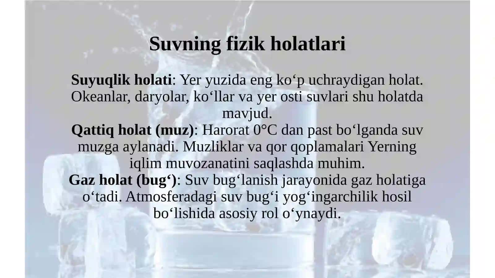 Suvning tabiiy, kimyoviy va biologik xususiyatlari 2