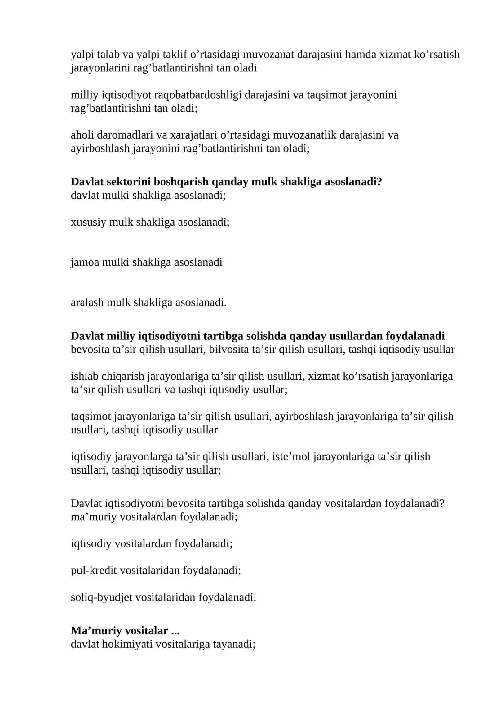 IQTISODIYOT (IQTISODIYOTNI DAVLAT TOMONIDAN TARTIBGA SOLISH) FANIDAN TEST SAVOLLARI 2