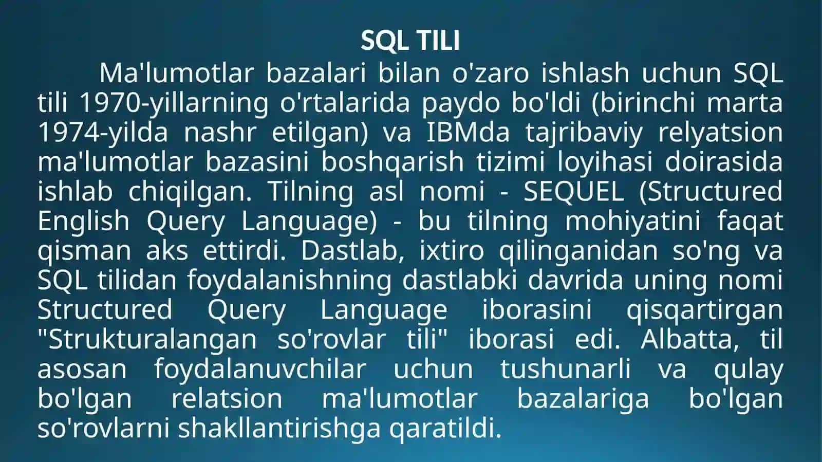 SQL TILI OPERATORLARI.MA’LUMOTLARNIMANIPULYATSIYA QILISH 2